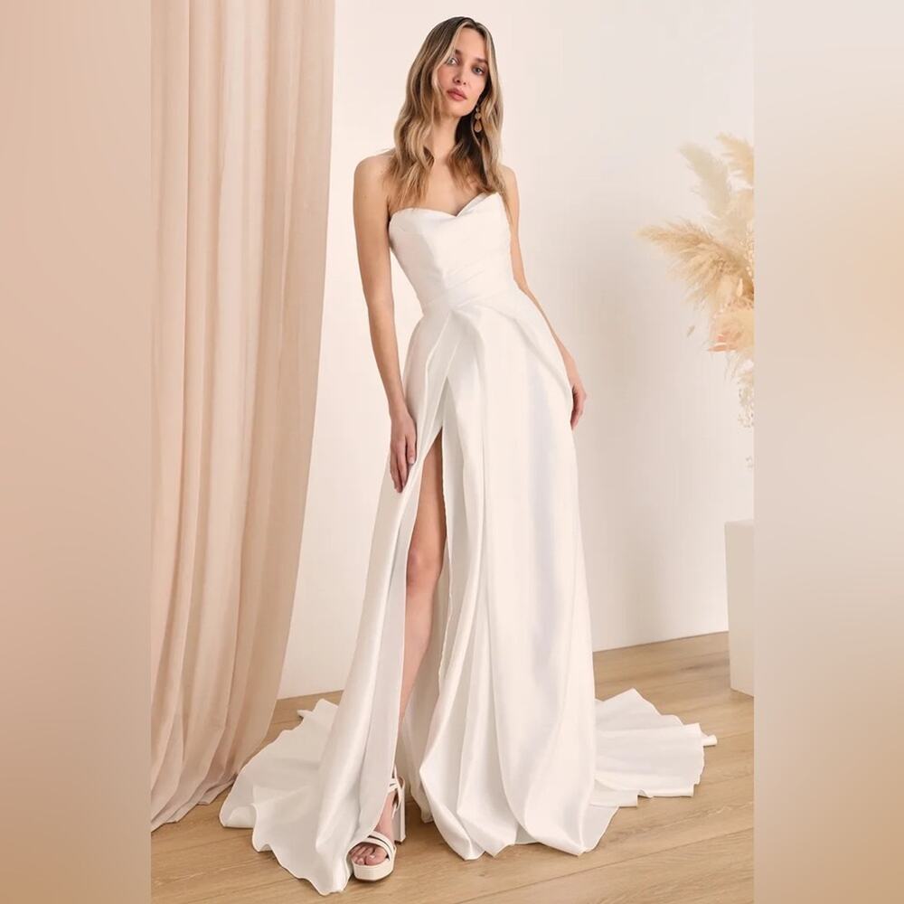 Lulus Luxe Lifetime of Love White Satin Strapless A-Line Gown